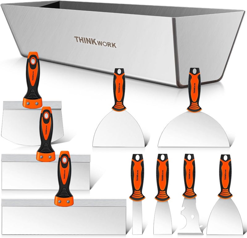 THINKWORK Drywall Knife Set, 10Pcs Drywall Tools Include Stainless Steel Putty Knife Set, Taping Knives, Painter Scraper, 14" Mud Pan and Scoop, Spackle Tool Kit for Joint Taping, Finishing, Patching - Image 1